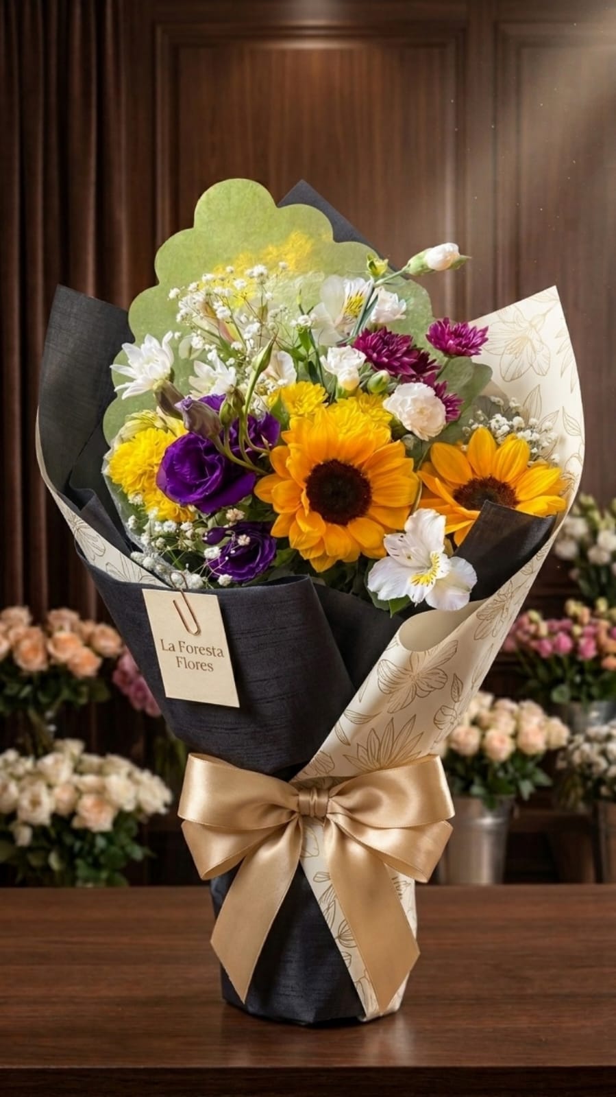 Detalle del arreglo floral Golden Bloom con girasoles
