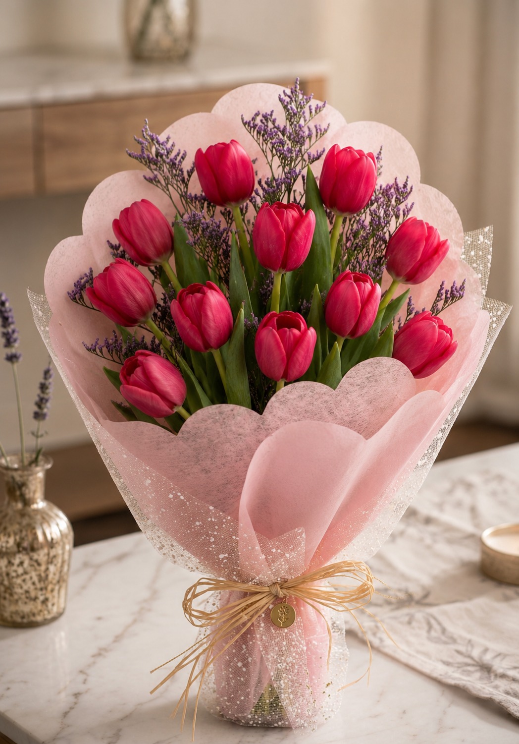 Detalle del arreglo floral Susurro Rosé con Tulipanes